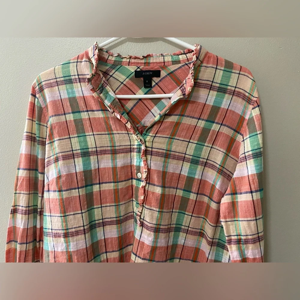 J.Crew womens size 8 ruffled plaid popover shirt melon long sleeve lightweight